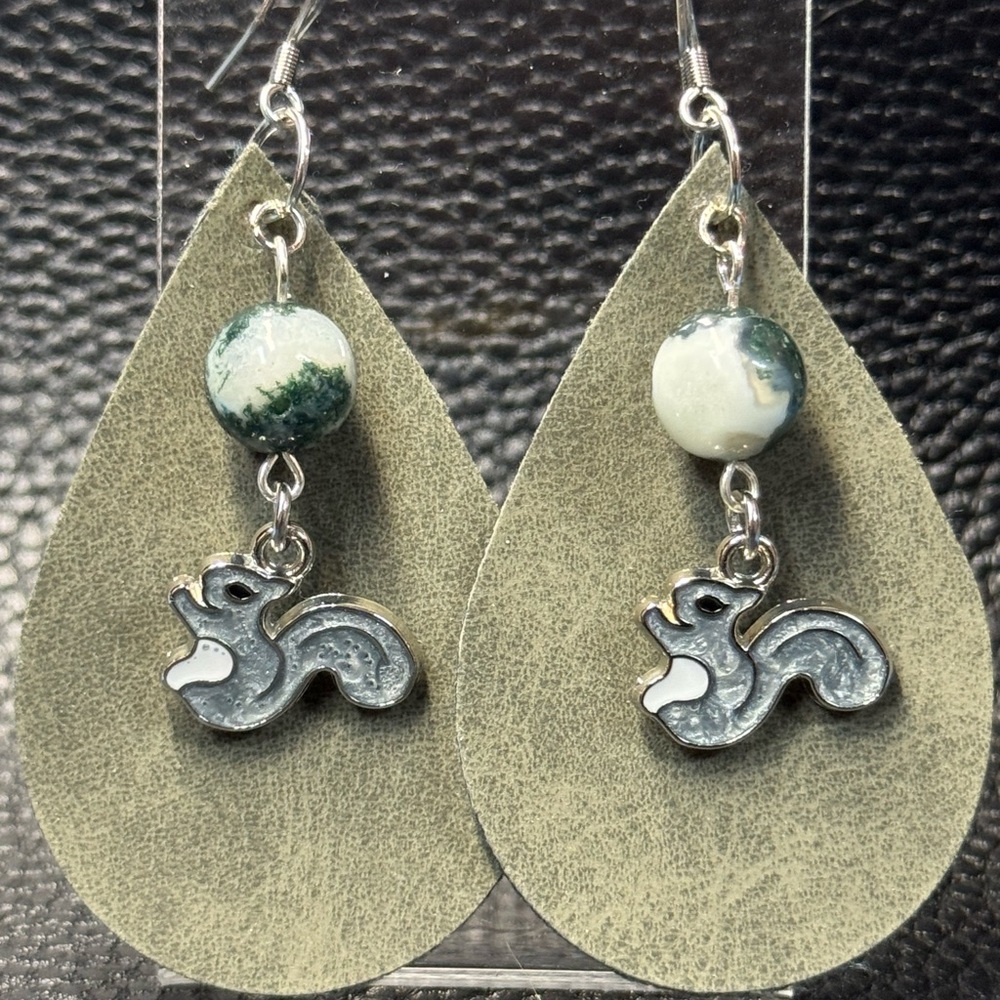 Handmade green faux suede leathe earrings with grey squirrel charms